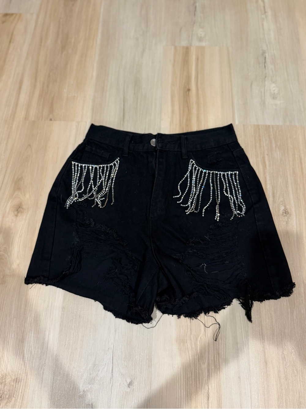 Buddy Love Black Distressed Denim Shorts with Rhinestone Fringe